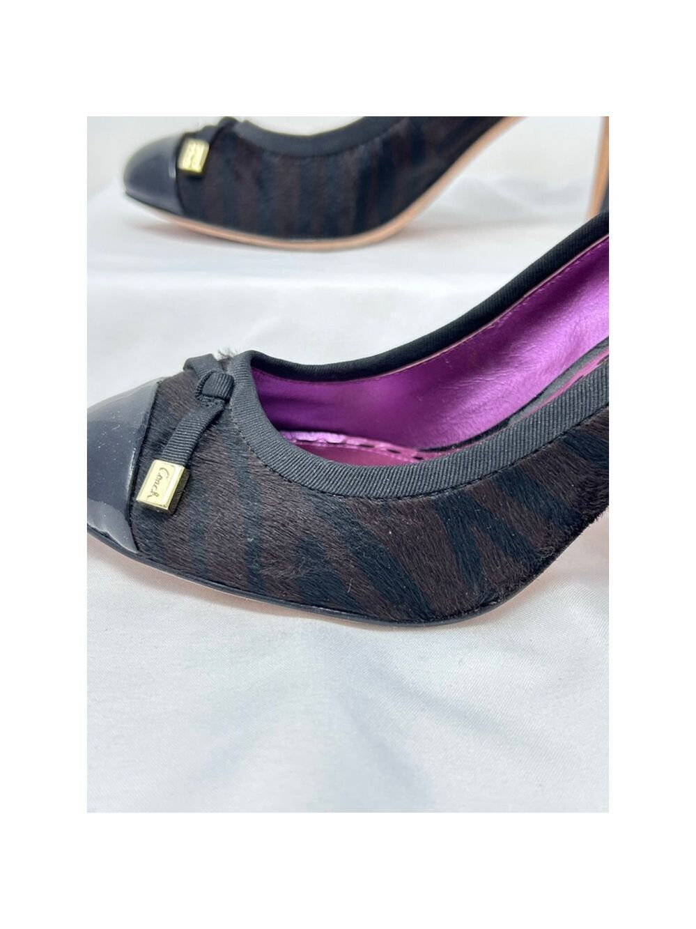 Coach Poppy Black Calf Hair Tiger Stripe Patent Pumps 7.5 Purple Insole - Picture 2 of 10